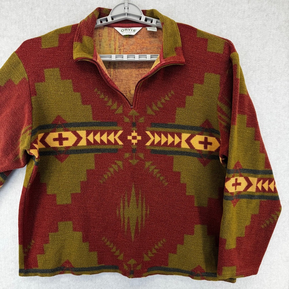 Vtg Orvis Womens XL Fleece Pullover Quarter Zip Southwestern Aztec Rust Olive